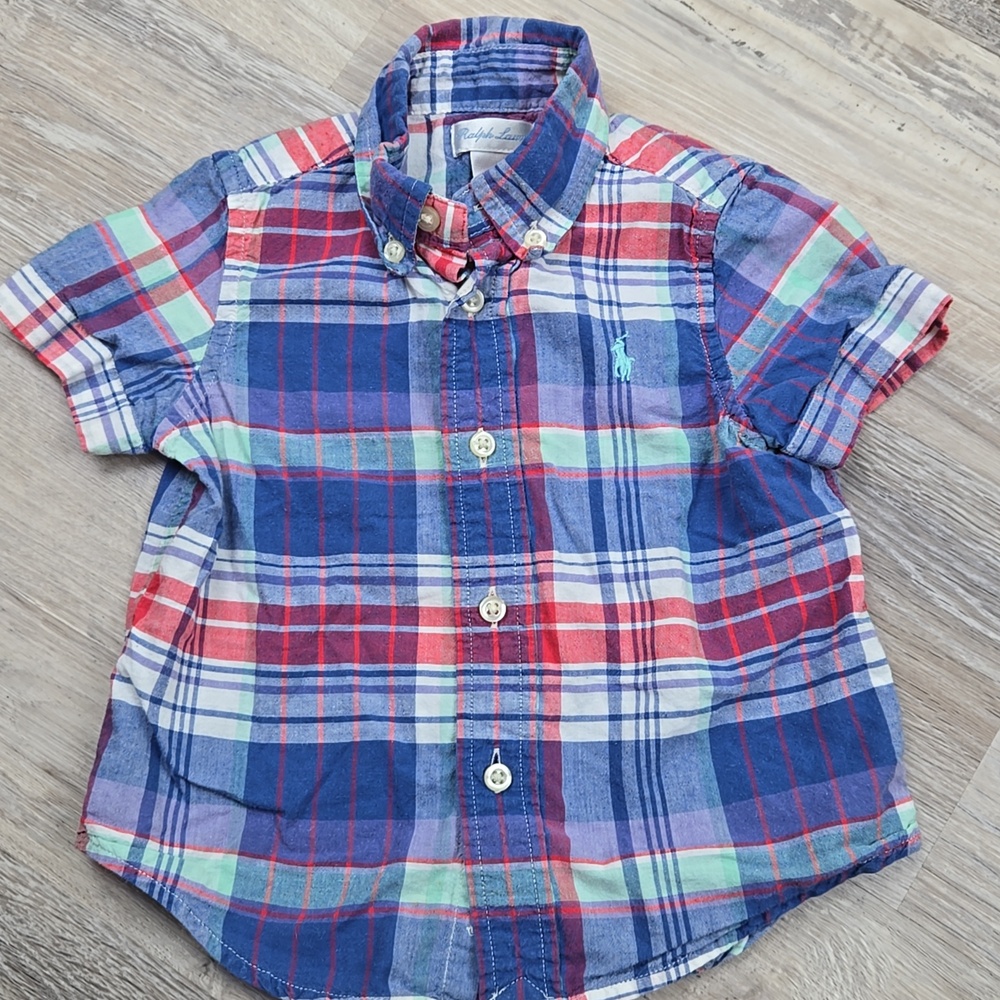 Ralph Lauren Baby boys 12m plaid short sleeve button down shirt blue collared